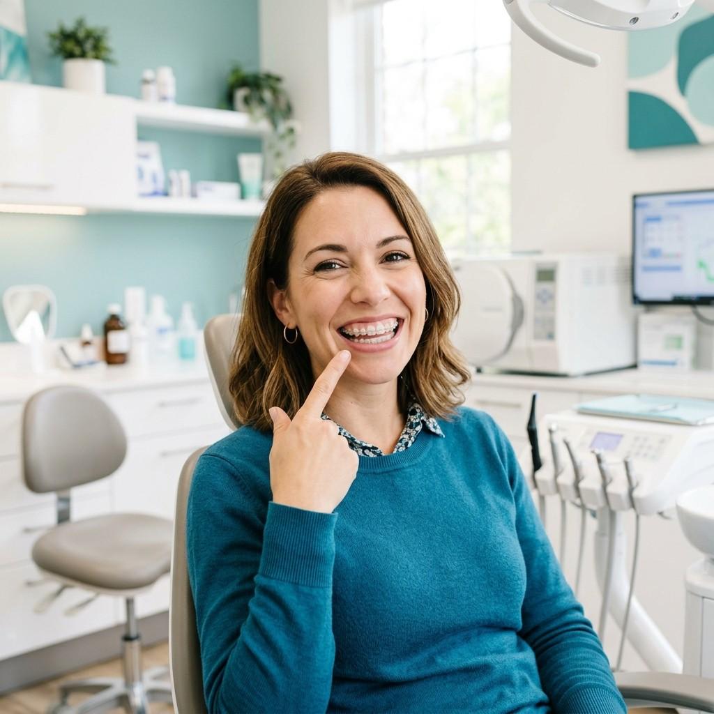 Young woman smiling beautifully displaying cosmetic ceramic braces on her teeth