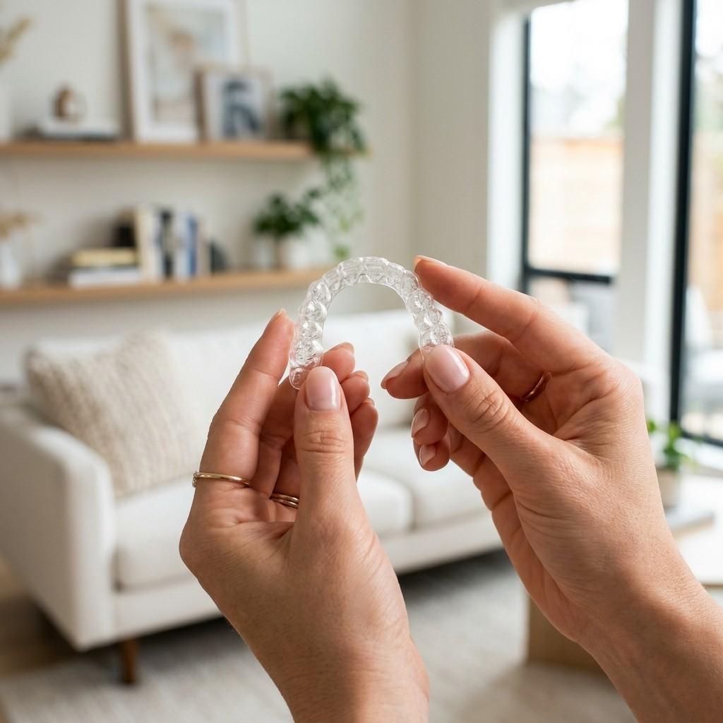 Hands holding a transparent Invisalign clear plastic dental aligner tray